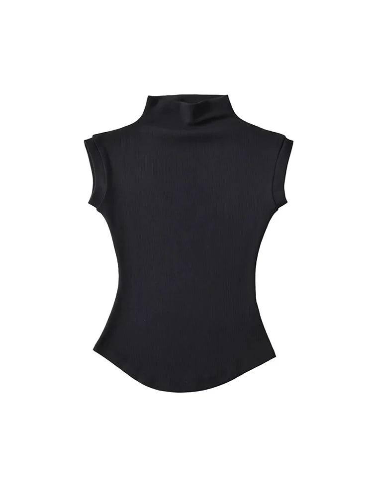 Women Summer Sexy Turtleneck Sleeveless T-Shirts Tops Solid-black-7