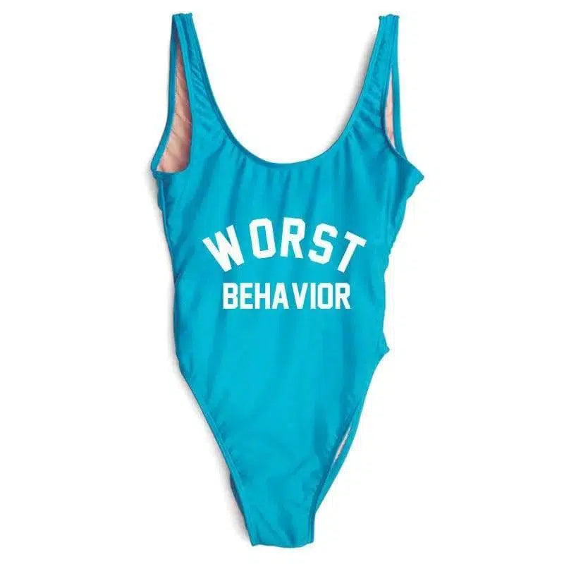 WORST letter printed one-piece swimsuit-Blue-7