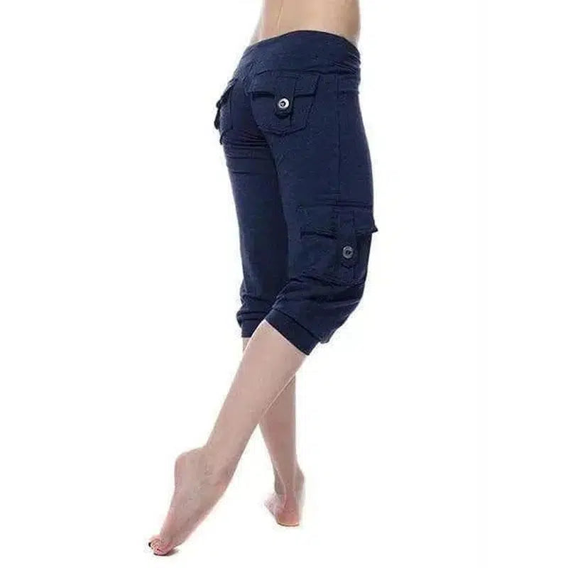 Yoga cropped pants with elastic waist button pockets-Blue-5