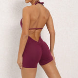 Yoga Pants Halter Neck Jumpsuit Beauty Back Shorts High-Purple-4