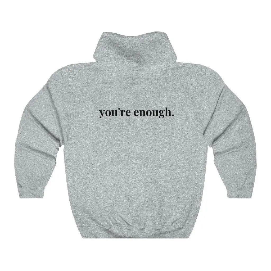 You're Enough Printed Back Casual Hooded Pocket Sweater-Grey black lettering-8