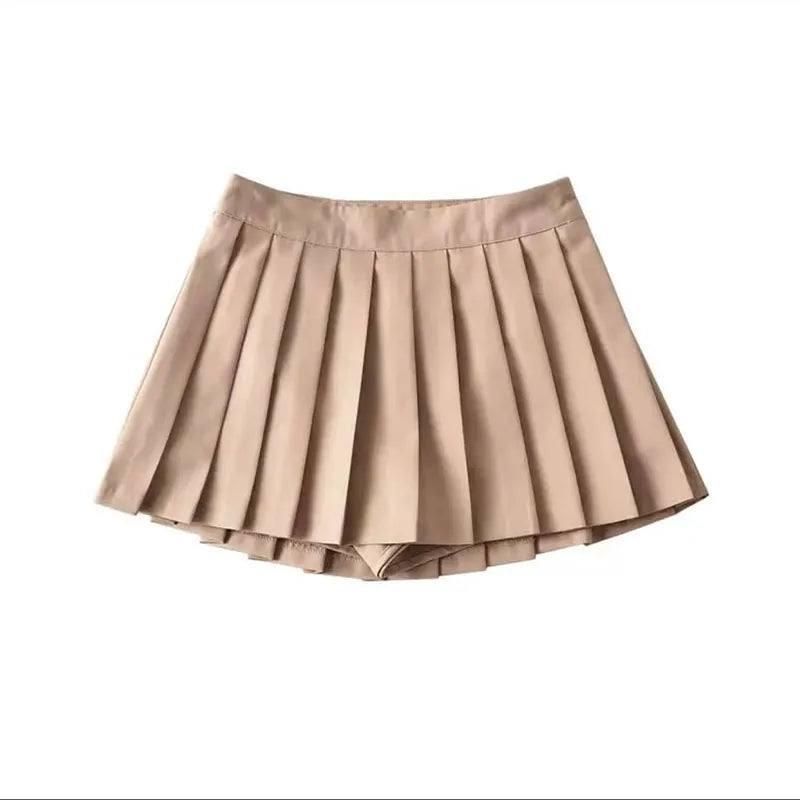 Zoki Women Pleated Skirts High Waist Summer Vintage-Beige-8