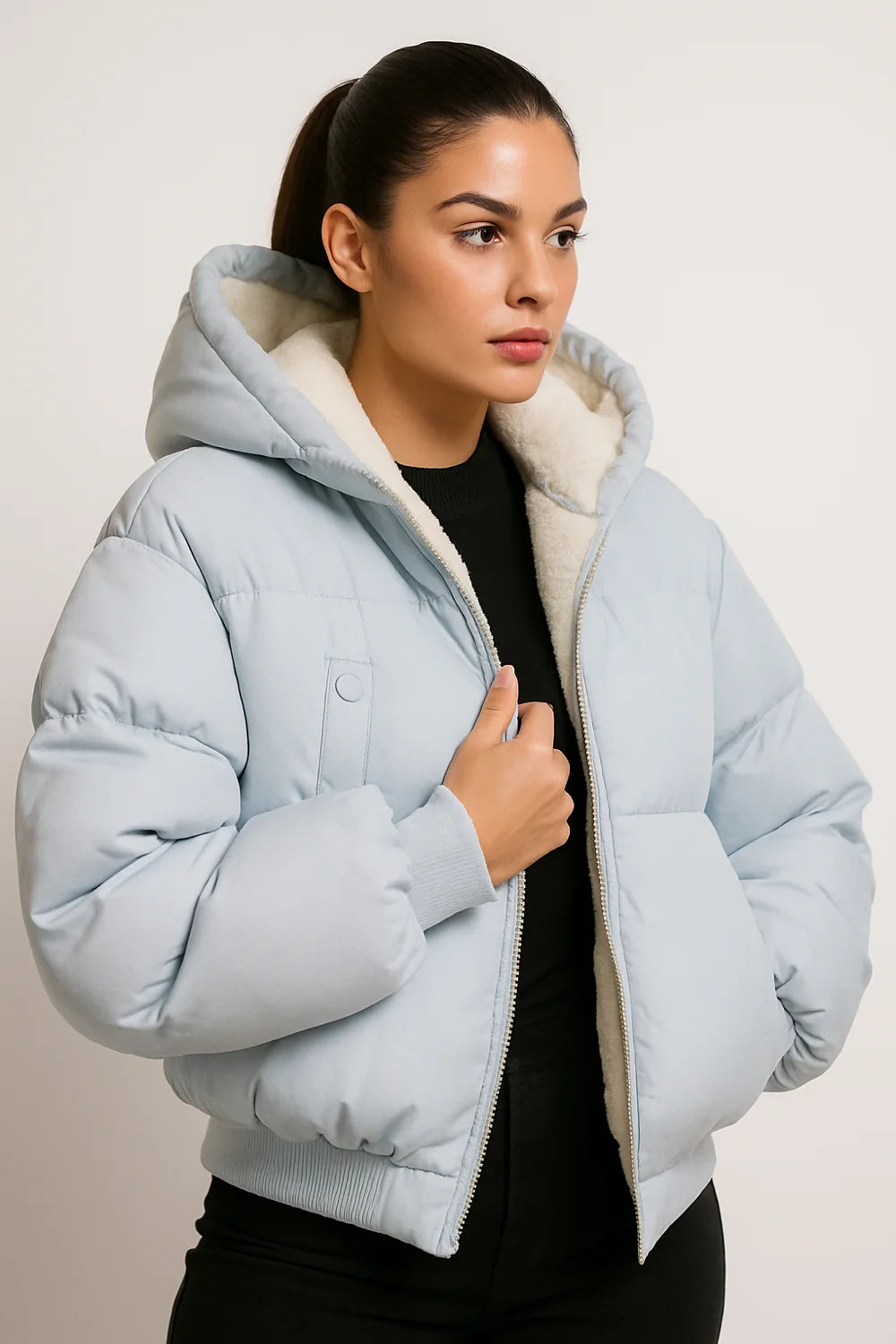 Light blue puffer jacket with hood and faux shearling lining, cozy winter outerwear for women.