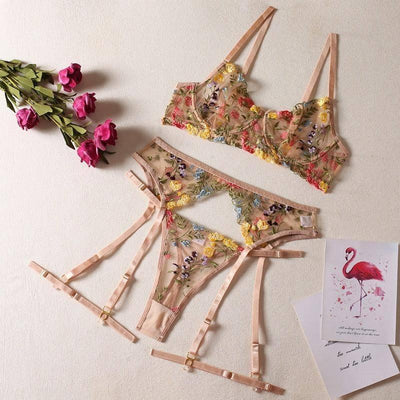 Sexy See-Through Yellow Garden Floral Bra Garter Belt Thong-Khaki-2