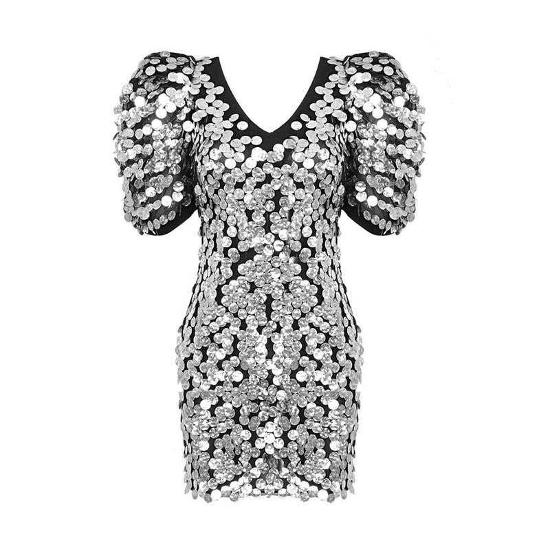 Sliver Sequins Mini Dress Women Short Sleeve V Neck Evening-Silver-9