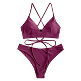 Solid Color Bikini Strappy Swimsuit-Winered-8