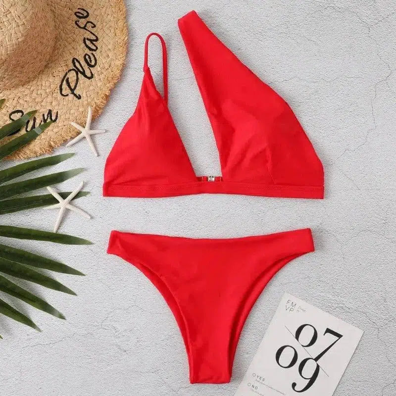 Solid Color One Shoulder Bikini-Red-3